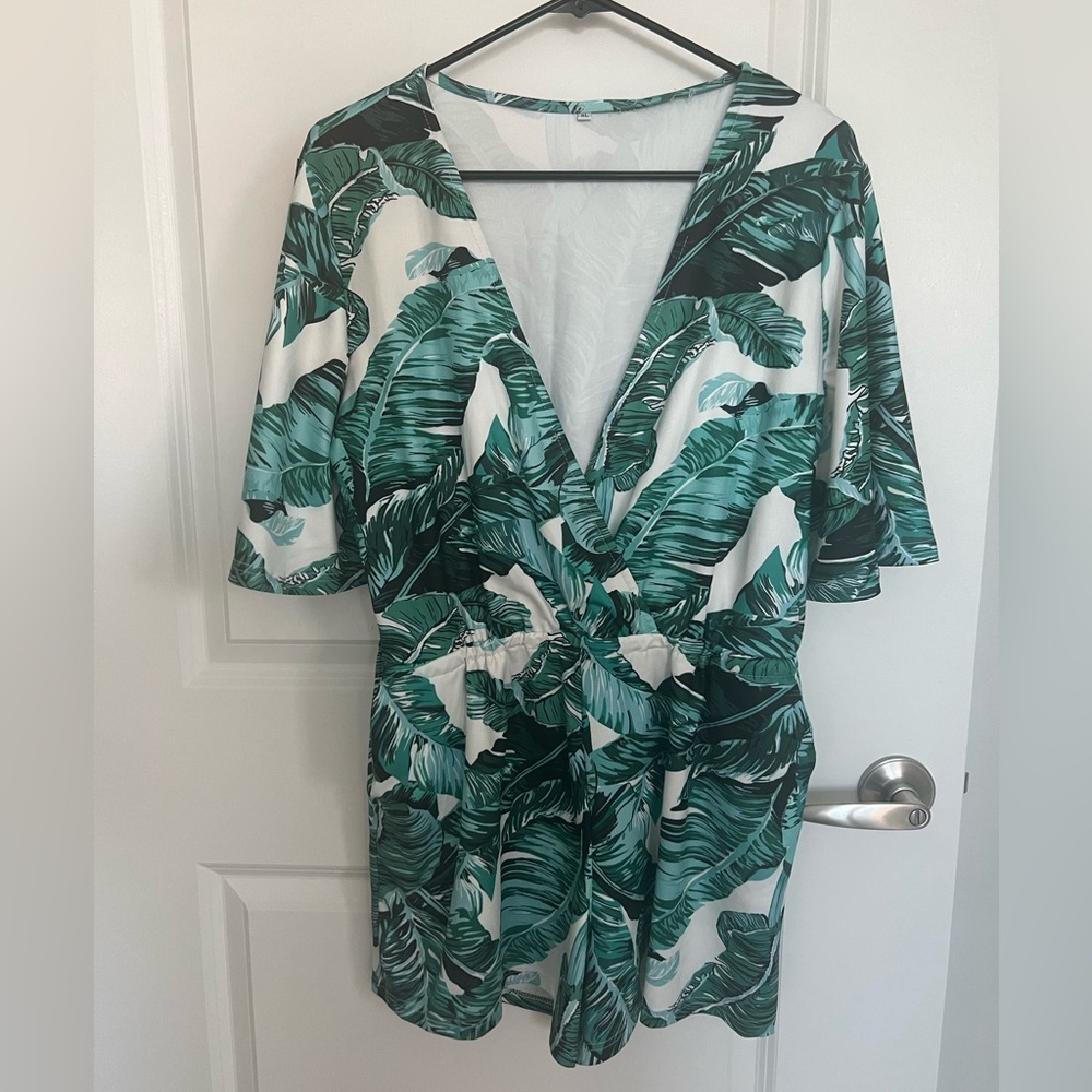 Tropical Leaf Print Romper | V-Neck